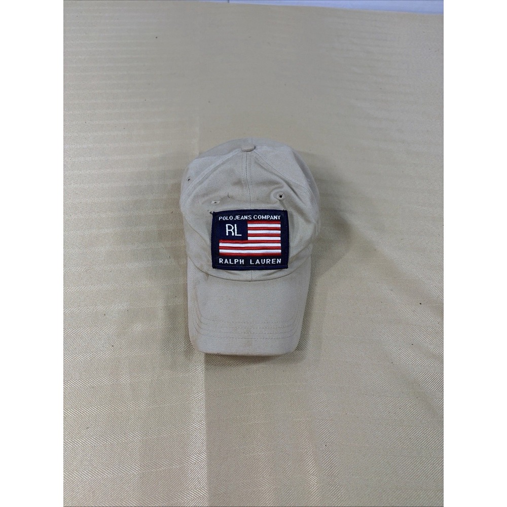 Vintage Ralph Lauren Polo Jeans Co USA Flag Patch Hat Cap One Size Khaki Strap
